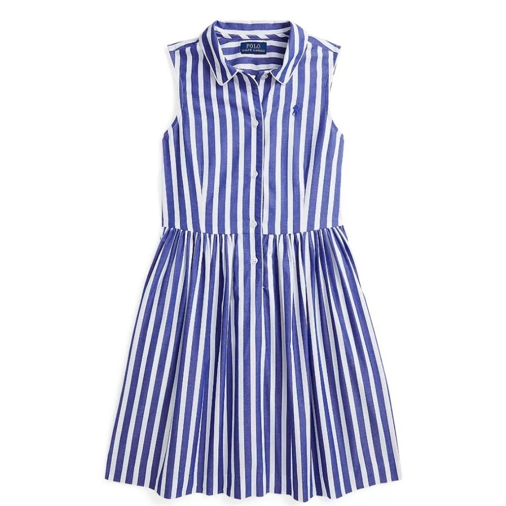 Polo Ralph Lauren Dress Sleeveless Button-Front Blue White Stripe Size 8